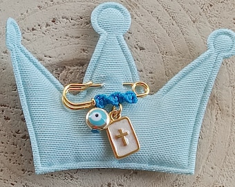 Small square enamel cross pin, baby keepsake token, evil eye lapel, stroller charm, newborn baby gift, unique protection presents, filakto