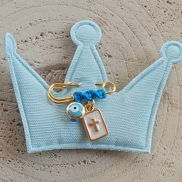 Small square enamel cross pin, baby keepsake token, evil eye lapel, stroller charm, newborn baby gift, unique protection presents, filakto