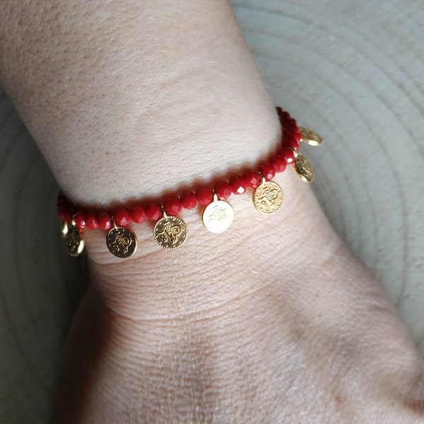 Gold coin bracelet, beaded bracelet, gypsy coins jewelry, bohemian jewelry, gift for girlfriend,  ethnic jewelry, best sis gift, presents