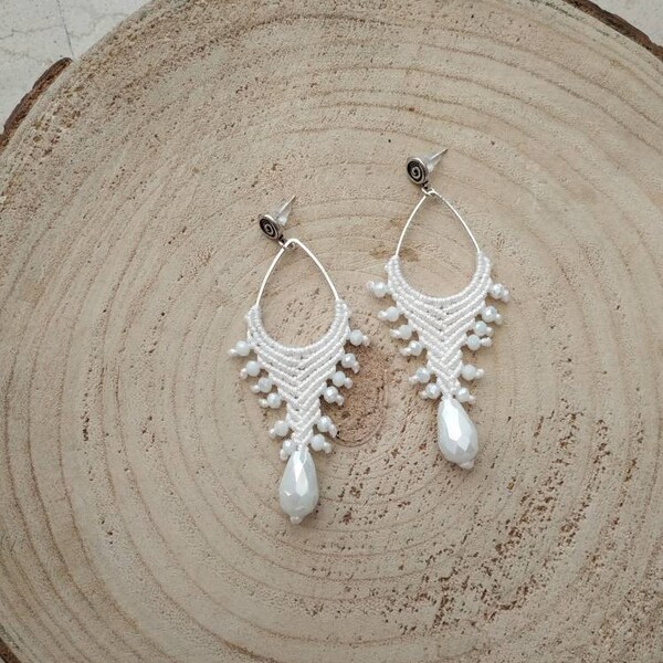 White bridal braided earrings, macrame spiral studs, Greece souvenir, unique jewelry, geometric drops, great gift idea, best mom present