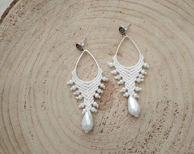 White bridal boho braided earrings