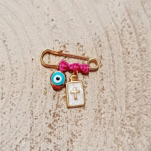 White cross pin, evil eye baby brooch, keepsake token, girl lapel, stroller charm, newborn baby gift, unique protection presents, filakto