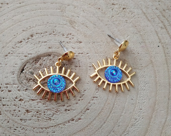 Greek mati post earrings with eye lashes