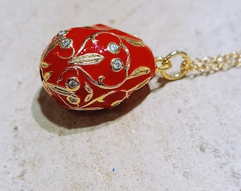 Red Easter egg necklace, enamel egg pendant with chain, Faberge inspired necklace, minimal elegant jewelry, unique godmother's gifts