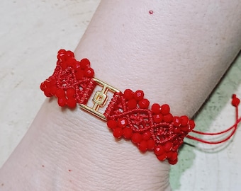 Handwoven macrame bracelet with gold bar, beaded boho cuff, red blue statement bracelet, unique handmade gift for her, Greek summer jewelry