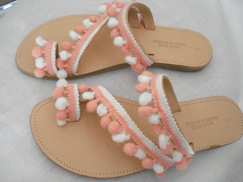 Greek made shoes Boho summer flats Greek leather sandals White peach pom poms sandals Elegant shoes Gift for her Strappy leather shoes