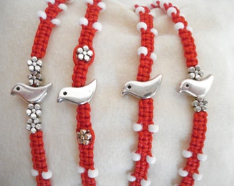 Silver bird bracelet, moving gift, animal braided bracelet, Greek March bracelet, unisex unique gifts, red white cord, mini bird jewelry