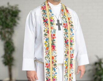 Gold and Floral Liturgical Stole - Pastoral Clergy Stole for Easter and Weddings
