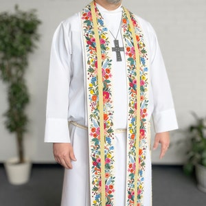 Gold and Floral Liturgical Stole - Pastoral Clergy Stole for Easter and Weddings