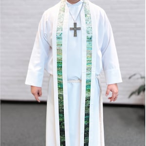 Liturgical Stole Pastoral Clergy - Emerald Green Ombre and White Linen