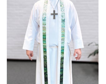 Liturgical Stole Pastoral Clergy - Emerald Green and White Linen