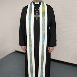 Liturgical Stole for Pastors & Clergy - Hand Painted, Hand Stamped Gold Stole in Shades of Blue and Green