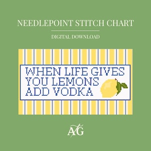 May include: Digital needlepoint stitch chart with the text "WHEN LIFE GIVES YOU LEMONS ADD VODKA" in a blue and white frame, with a pixelated lemon graphic. The background features yellow and white stripes on a green background.