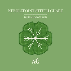 May include: A digital needlepoint stitch chart featuring a green, pixelated four-leaf clover design with white accents. The text "NEEDLEPOINT STITCH CHART" and "DIGITAL DOWNLOAD" are displayed in white on a green background.