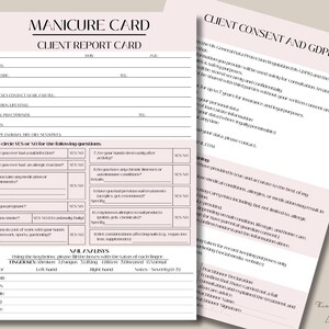 May include: Two printable forms for a nail salon. The "Manicure Card" includes sections for client information and health questions. The "Client Consent and GDPR" form outlines data protection and consent details. Both forms have a soft pink colour scheme.