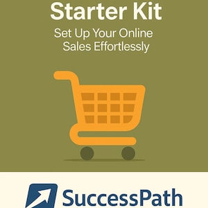 Puede incluir: Imagen con el texto "E-Commerce Starter Kit" y "Set Up Your Online Sales Effortlessly". Un carrito de compras naranja está centrado sobre un fondo verde. El logotipo de SuccessPath está en la parte inferior.