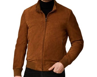 Handmade Brown Suede Leather Bomber Jacket - Western Style
