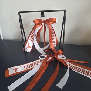 May include: Two decorative ribbons in burnt orange, white, and orange. The ribbons are attached to a black metal stand. The ribbons have the word "LONGHORNS" printed on them, along with a Longhorn logo.