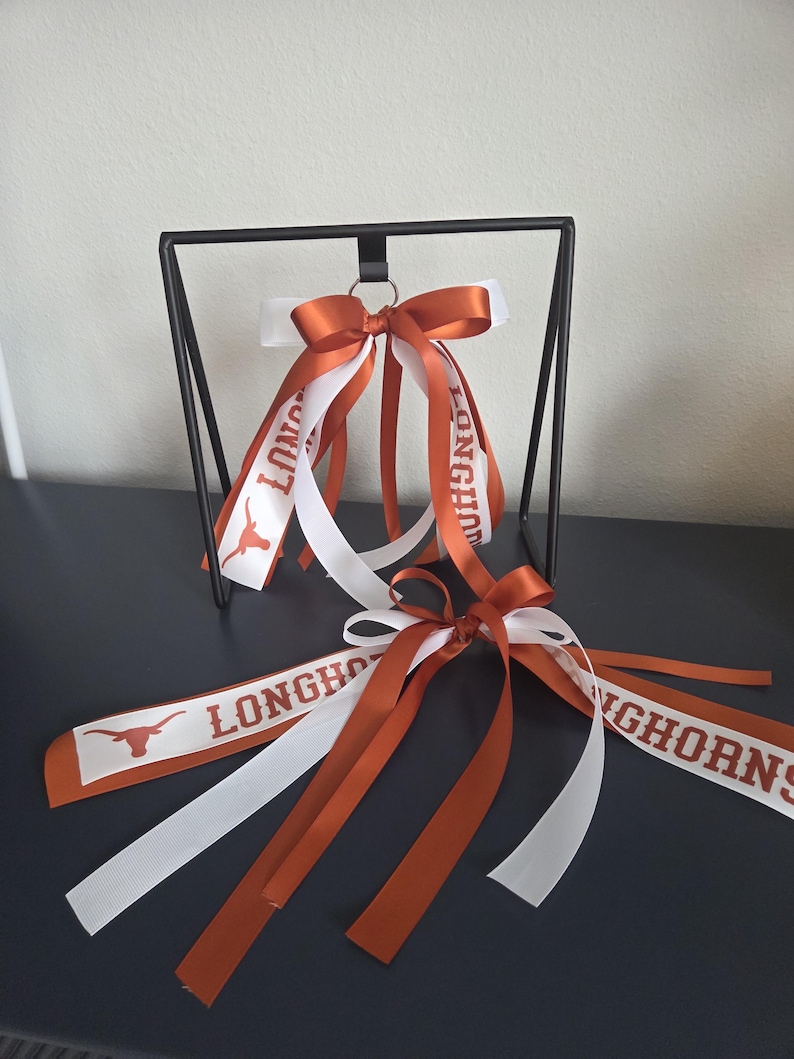 May include: Two decorative ribbons in burnt orange, white, and orange. The ribbons are attached to a black metal stand. The ribbons have the word "LONGHORNS" printed on them, along with a Longhorn logo.