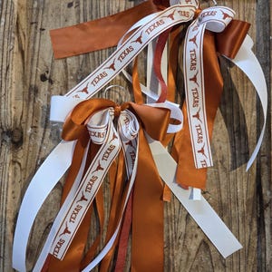May include: A collection of decorative ribbons in burnt orange, white, and red. The ribbons are adorned with the word "TEXAS" and a longhorn silhouette. The ribbons are tied together with a metal ring, creating a festive and celebratory accessory.