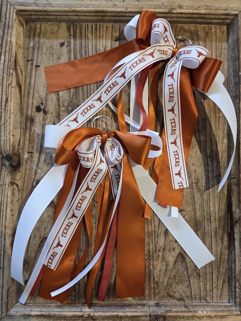 May include: A collection of decorative ribbons in burnt orange, white, and red. The ribbons are adorned with the word "TEXAS" and a longhorn silhouette. The ribbons are tied together with a metal ring, creating a festive and celebratory accessory.