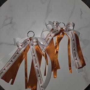 May include: Two keychains with white and burnt orange ribbons. The ribbons are printed with the word "TEXAS" and a Longhorn logo. The keychains are on a white marble surface.