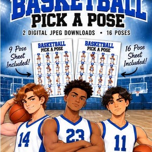 Op de afbeelding: Een digitale downloadadvertentie getiteld Basketball Pick A Pose met drie geïllustreerde basketbalspelers in witte shirts met blauwe rand, genummerd 14, 23 en 11. De afbeelding toont twee referentiebladen met 16 poses.