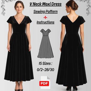 V neck Maxi Dress Sewing Pattern PDF, Fit And Flare Dress, Princess Seam Pattern, Summer Dress Sewing Patterns, PDF Patterns for Beginners.