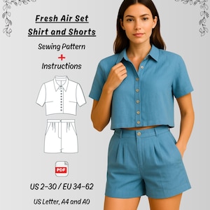 Cropped Shirt & Wide Leg Shorts Sewing Pattern Set (PDF Download) XS-5XL