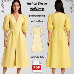 V-Neck Bishop Sleeve Midi Dress Sewing Pattern (PDF Download) US 2-30