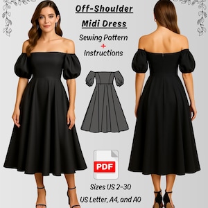 Evening Dress Sewing Pattern PDF | Backless Summer Dress, Off-Shoulder Midi Dress Sewing Pattern | Formal Gown PDF Patterns for Beginners.