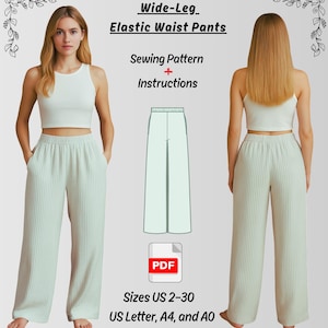 Wide Leg Lounge Pants Sewing Pattern PDF: Elastic Waist Trousers (US 2-30 / XS-5XL)