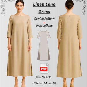 Long Dress Sewing Pattern PDF | Linen Dress, Slits Dress, Trapeze Dress, Boat Neck Dress | Minimalist Maxi Dress | DIY dress pattern.
