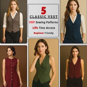 5 Classic Vest Sewing Patterns PDF: Fitted Women&#39;s Vest (XS-5XL) (Digital Download