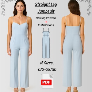 Straight Leg Jumpsuit Sewing Pattern: Princess Seam Woven Fabric (Sizes 2-30 PDF Download)