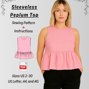 Sleeveless Peplum Top Sewing Pattern PDF: Jewel Neck Linen Top (XS-5XL)
