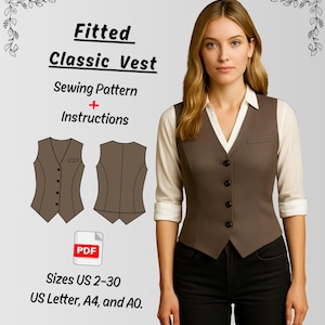 Fitted Waistcoat Sewing Pattern PDF: Women&#39;s Classic Button Vest (XS-XXXL)