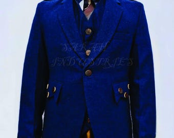 Men's Tweed Wool  Blue Argyll/Crail Jacket and waist coat, Scottish Wedding Outfit Highland