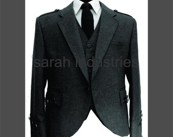 Men's Blazer Wool  Grey Argyll Jacket and waist coat, Scottish Wedding Outfit Highland