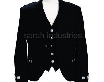 Men's Serge Wool  Black Argyll / Crail Jacket and waist coat, Scottish Wedding Outfit Highland