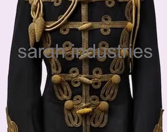 Men's 19th Hussar Officer's Tunic Deep Navy Handmade Jacket Gold Braided German Military Uniforms
