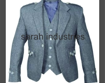 Men's Tweed Wool  Grey Argyll/Crail Jacket and waist coat, Scottish Wedding Outfit Highland