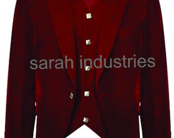 Men's Red Velvet Argyll Jacket and waist coat, Scottish Wedding Outfit Highland