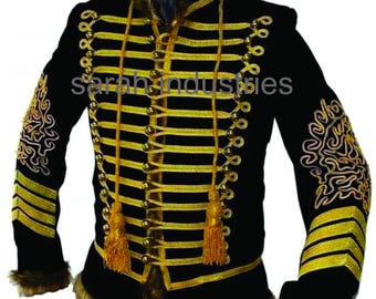 Men's Black Military wool Hussar Jacket Handmade Gold Braided Hendrix Style Napoleonic British Parade