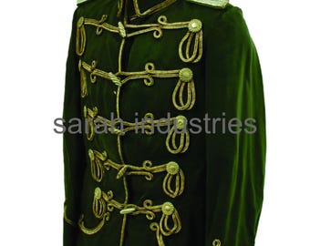 Men's Military 19th Century Deep Green Napoleon Hussar Jacket Handmade Gold Braided German Tunic