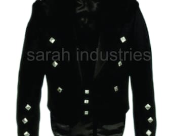 Prince Charlie Scottish Jacket Wedding kilt Outfit Men Black Serge Wool
