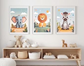 Set of 3 Safari Adventures – Digital Children's Room Pictures with Animals - Children's Room Decor, Safari, Jungle Art, Elephant, Lion, Zebra