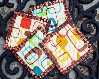 Handmade Quilted Coasters MCM - Reversible Quilted Coasters Set of Four - Hand Made Quilted Coasters - Handmade Quilted Coasters