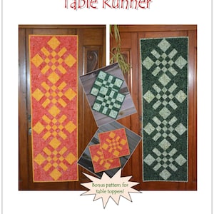 May include: Two table runners, one red and yellow and one green and white, with a checkered pattern. The image also shows two smaller versions of the table runners, which are labeled as "Bonus pattern for table toppers!" The text "Checks & Balances Table Runner" is at the top of the image. The text "Pieced Together Design" is at the bottom of the image, along with the website address "piecedtogether@comcast.net" and "www.piecedtogetherdesign.etsy.com".