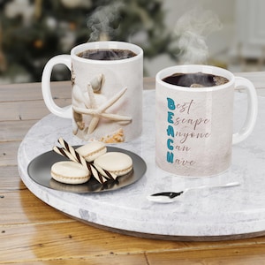 Juego de tazas de cerámica con conchas marinas: decoración costera de playa, regalo para amantes del océano